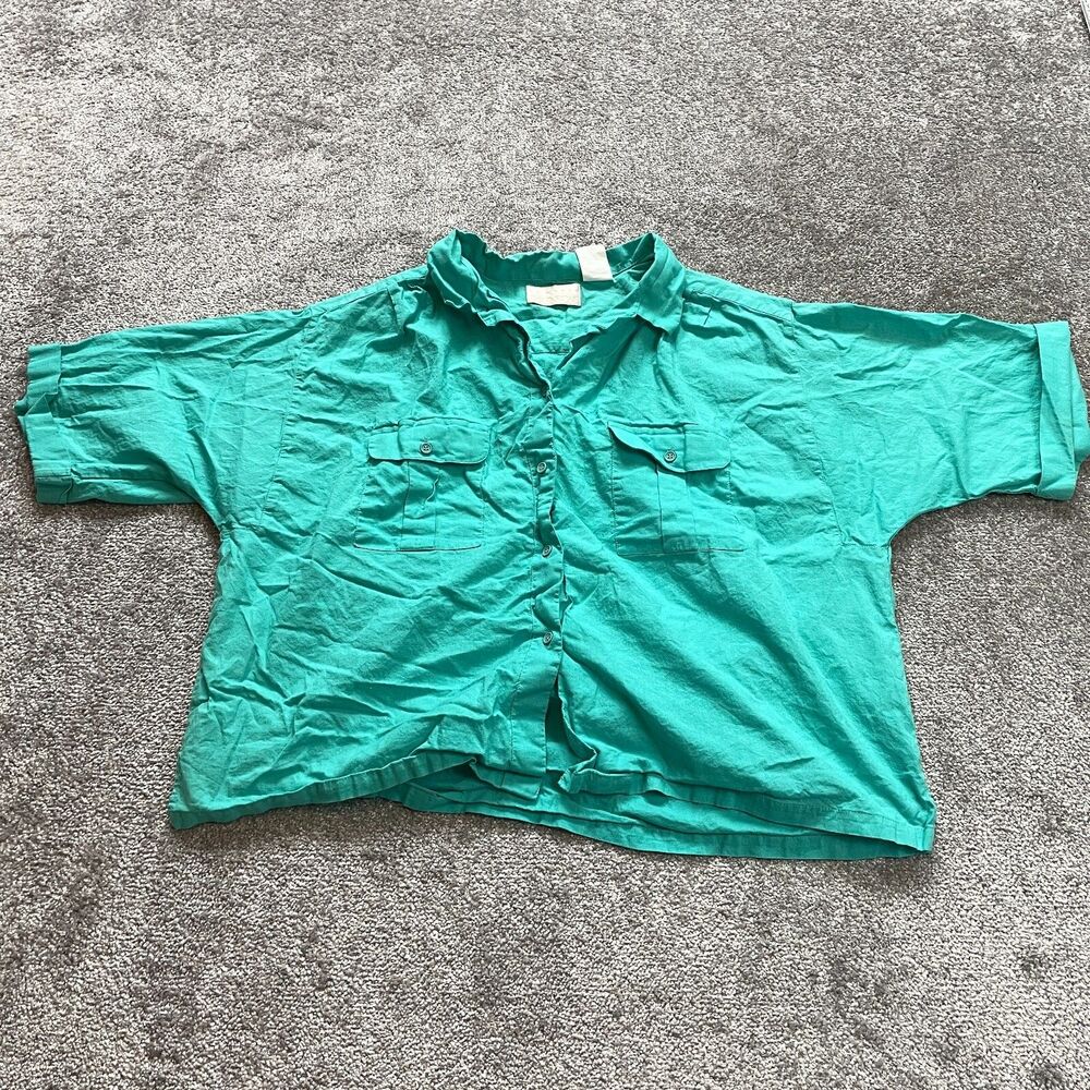 Classic Dimensions Button Up Shirt Womens Plus 24W Blue Crop 3/4 Sleeve Collared